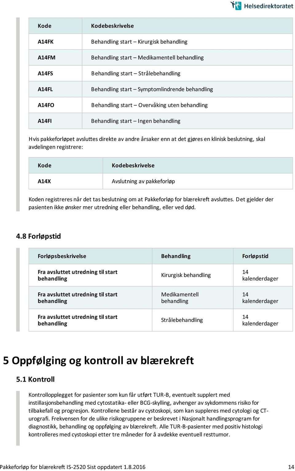 registrere: A14X Avslutning av pakkeforløp n registreres na r det tas beslutning om at Pakkeforløp for blærekre avslu es.