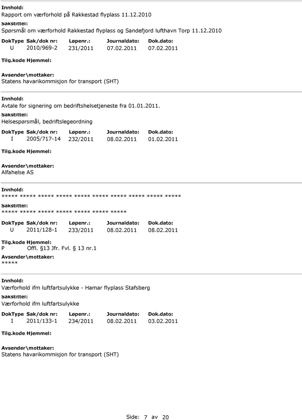 2010 2010/969-2 231/2011 Statens havarikommisjon for transport (SHT) Avtale for signering om bedriftshelsetjeneste fra 01.01.2011. Helsespørsmål, bedriftslegeordning 2005/717-14 232/2011 01.