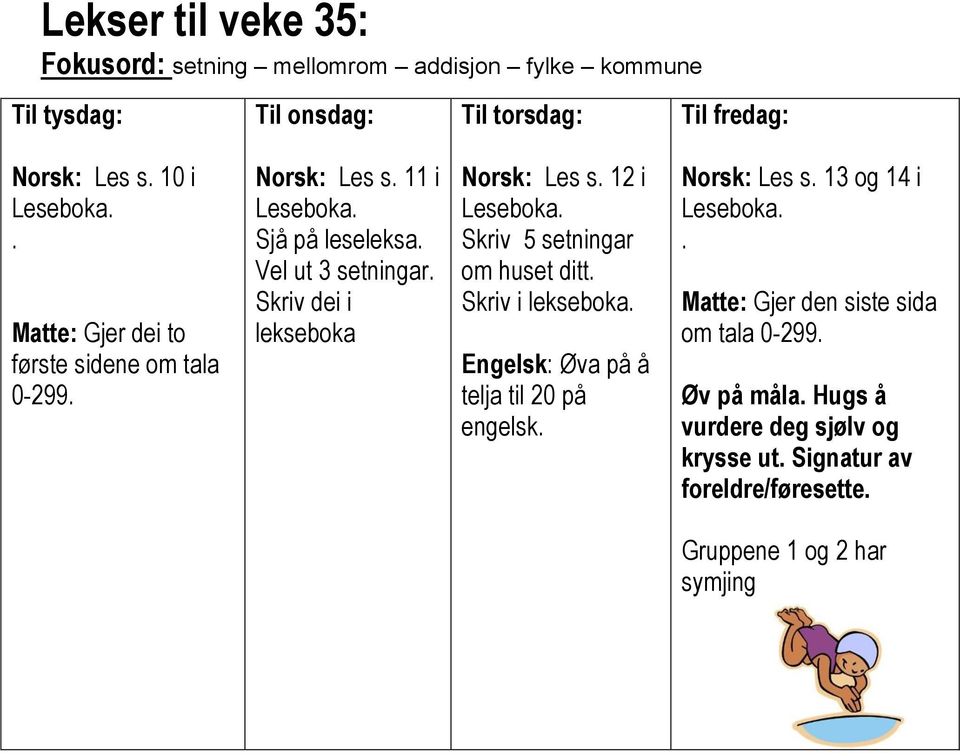 12 i Skriv 5 setningar om huset ditt. Skriv i lekseboka. ngelsk: Øva på å telja til 20 på engelsk. Norsk: Les s. 13 og 14 i.