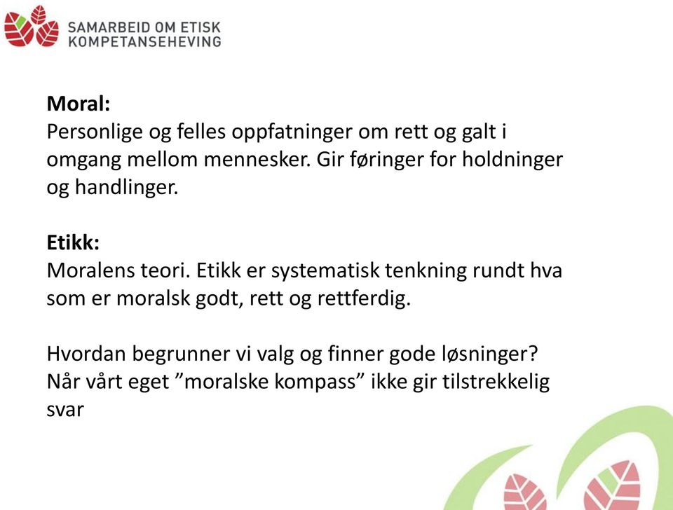 Etikk er systematisk tenkning rundt hva som er moralsk godt, rett og rettferdig.