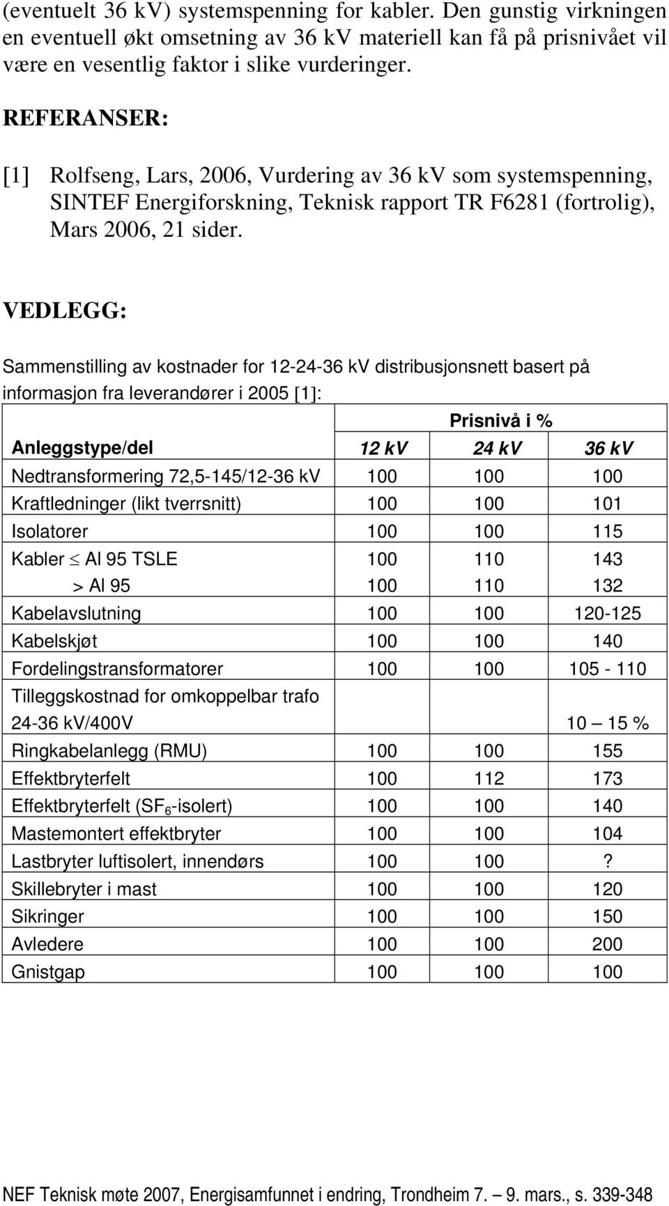 VEDLEGG: Sammenstilling av kostnader for 12-24- distribusjonsnett basert på informasjon fra leverandører i 2005 [1]: Prisnivå i % Anleggstype/del Nedtransformering 72,5-145/12-100 100 100