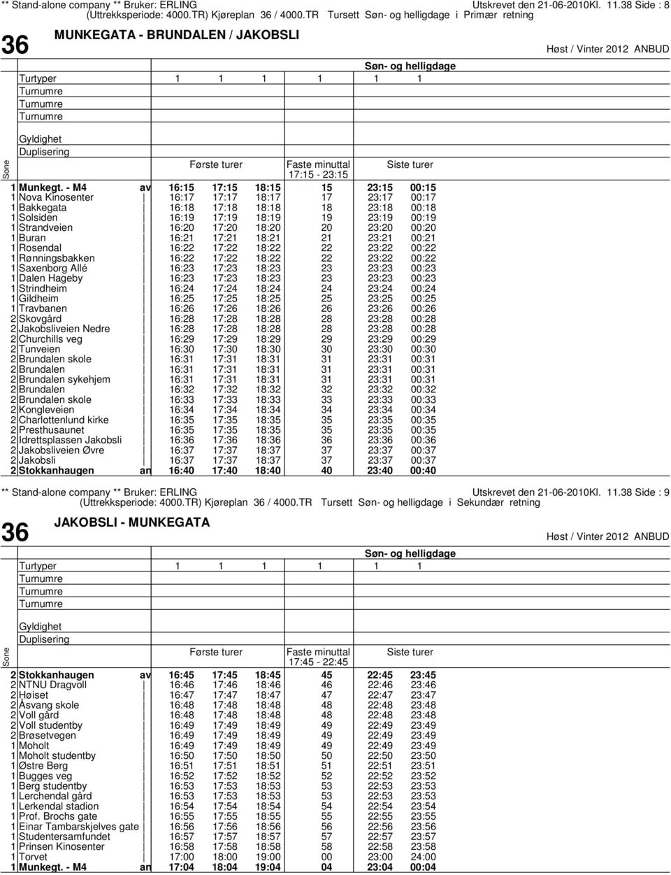 - M4 Nova Kinosenter Bakkegata Solsiden Strdveien Bur Rosendal Rønningsbakken Saxenborg Allé Dalen Hageby Strindheim Gildheim Trben 2 Skovgård 2 Jakobsliveien Nedre 2 Churchills veg 2 Tunveien 2