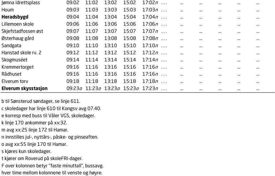 ................. Sandgata 09:10 11:10 13:10 15:10 17:10n.................. Hanstad skole rv. 2 09:12 11:12 13:12 15:12 17:12n.................. Skogmuséet 09:14 11:14 13:14 15:14 17:14n.