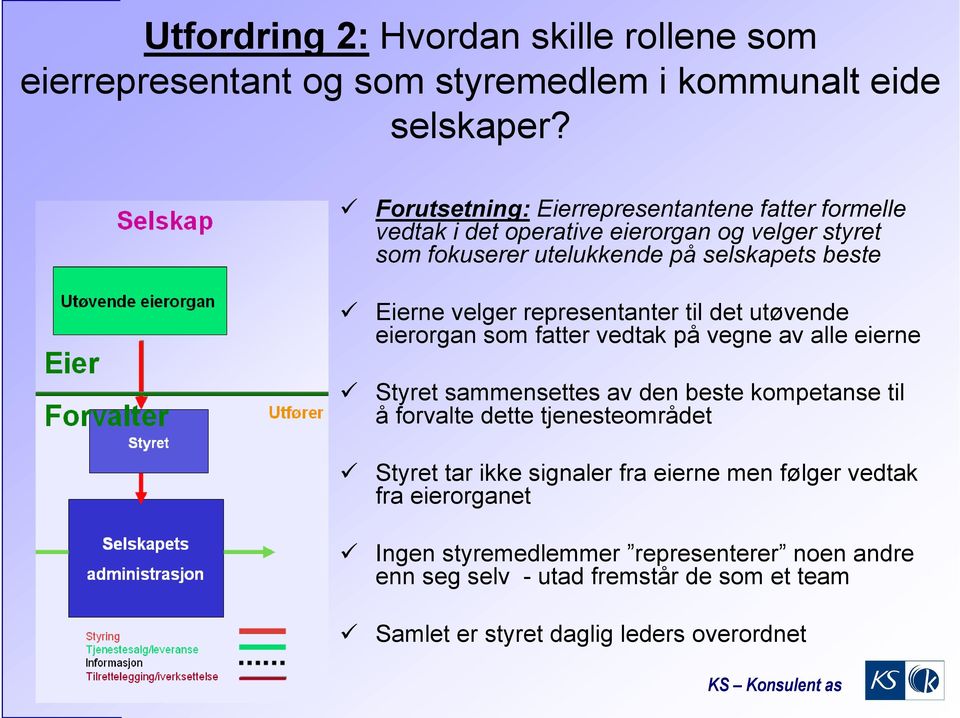 velger representanter til det utøvende eierorgan som fatter vedtak på vegne av alle eierne Styret sammensettes av den beste kompetanse til å forvalte dette