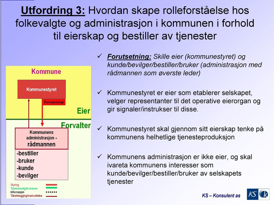 selskapet, velger representanter til det operative eierorgan og gir signaler/instrukser til disse.