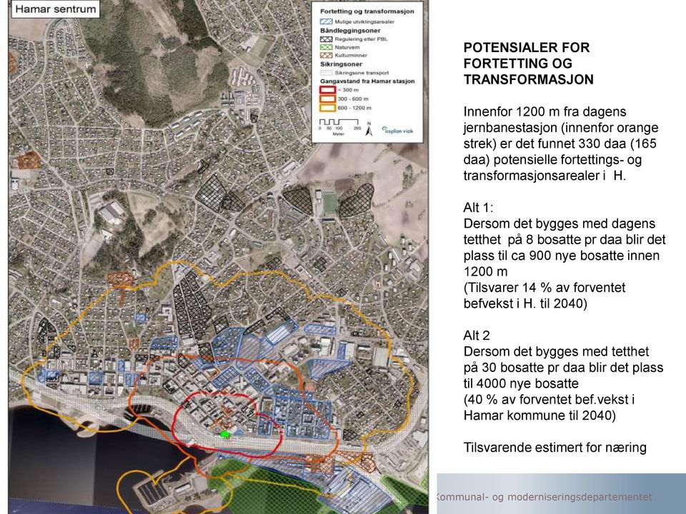 Alt 1: Dersom det bygges med dagens tetthet på 8 bosatte pr daa blir det plass til ca 900 nye bosatte innen 1200 m (Tilsvarer 14 % av