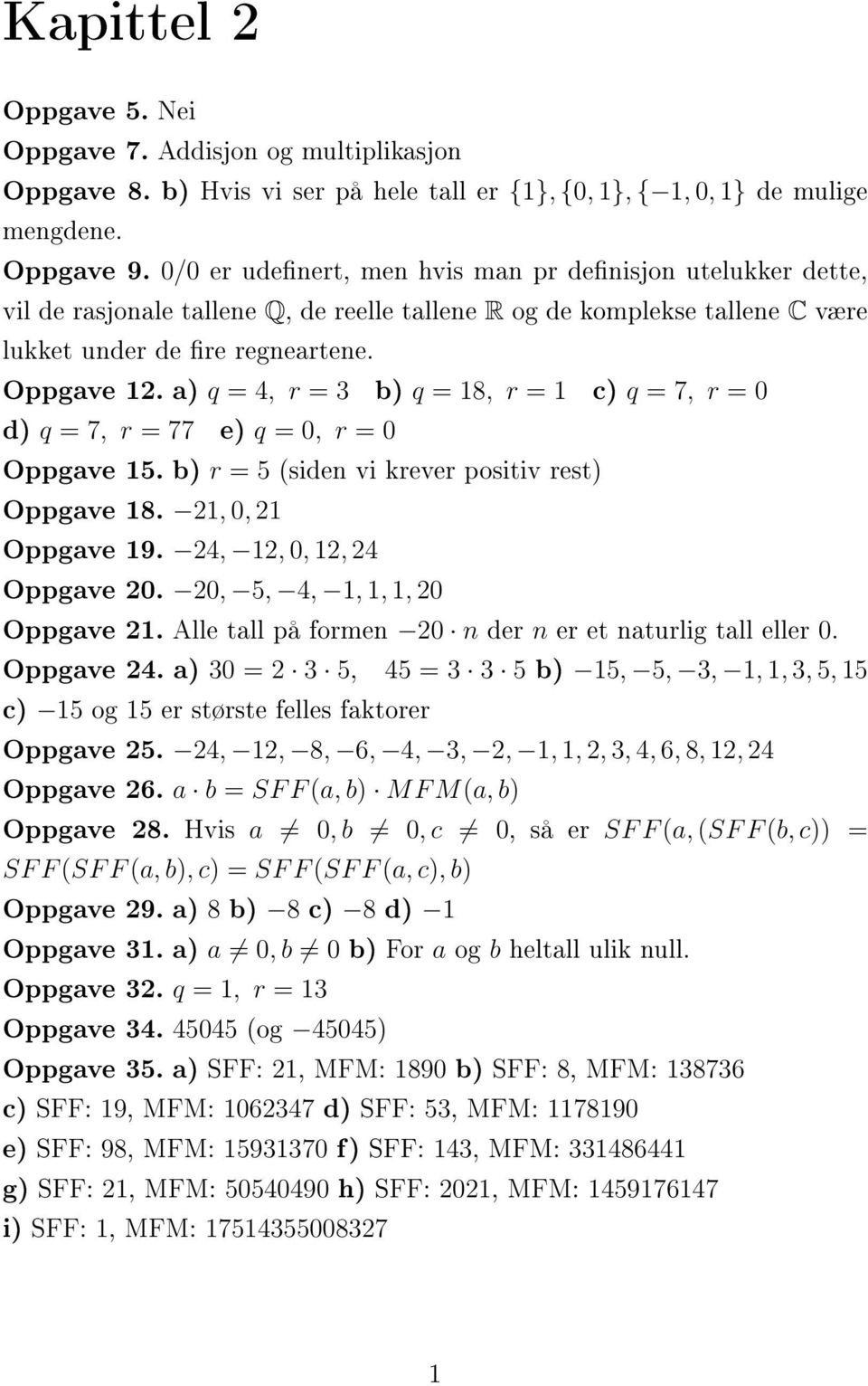 a) q = 4, r = 3 b) q = 18, r = 1 c) q = 7, r = 0 d) q = 7, r = 77 e) q = 0, r = 0 Oppgave 15. b) r = 5 (siden vi krever positiv rest) Oppgave 18. 1, 0, 1 Oppgave 19. 4, 1, 0, 1, 4 Oppgave 0.