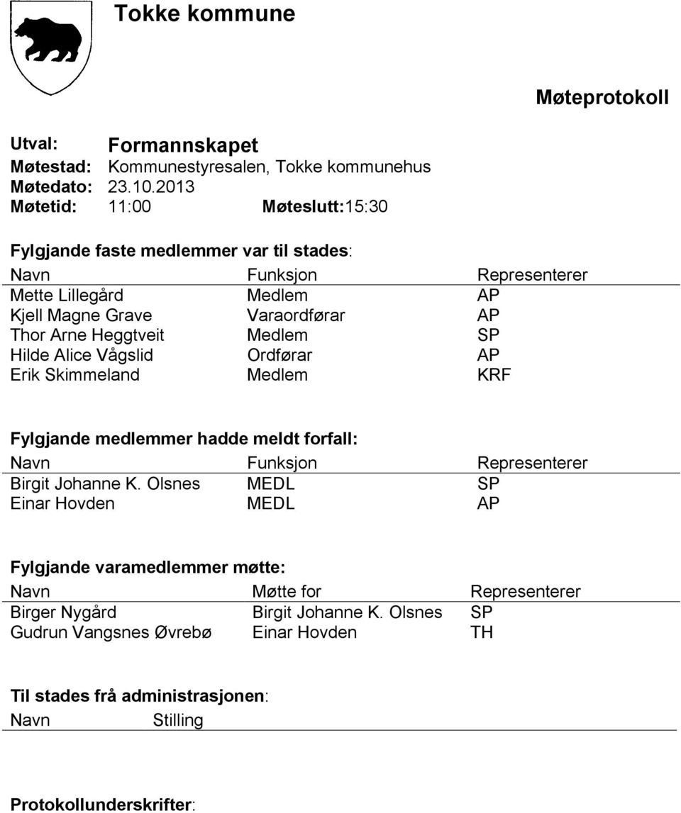 Arne Heggtveit Medlem SP Hilde Alice Vågslid Ordførar AP Erik Skimmeland Medlem KRF Fylgjande medlemmer hadde meldt forfall: Navn Funksjon Representerer Birgit Johanne K.