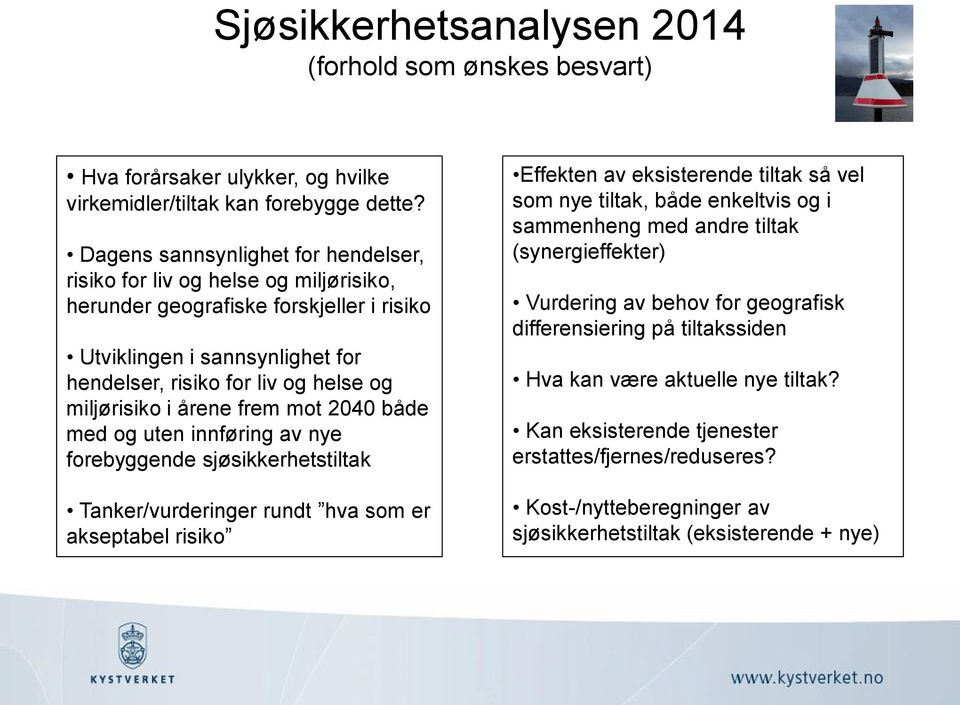 i årene frem mot 2040 både med og uten innføring av nye forebyggende sjøsikkerhetstiltak Effekten av eksisterende tiltak så vel som nye tiltak, både enkeltvis og i sammenheng med andre tiltak