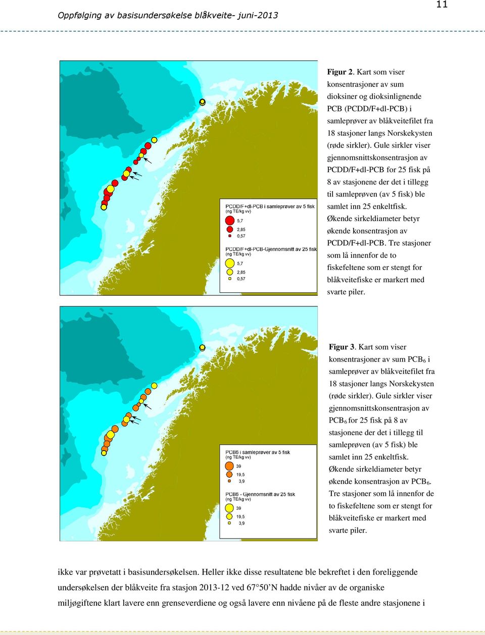 Økende sirkeldiameter betyr økende konsentrasjon av PCDD/F+dl-PCB. Tre stasjoner som lå innenfor de to fiskefeltene som er stengt for blåkveitefiske er markert med svarte piler. Figur 3.