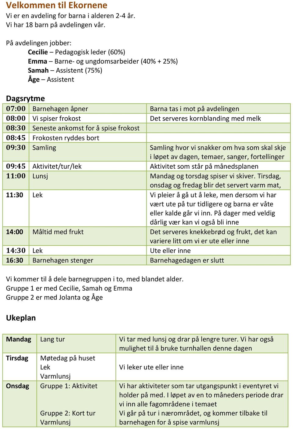 08:00 Vi spiser frokost Det serveres kornblanding med melk 08:30 Seneste ankomst for å spise frokost 08:45 Frokosten ryddes bort 09:30 Samling Samling hvor vi snakker om hva som skal skje i løpet av