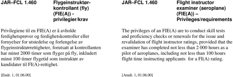 flygeinstruktørrettigheter, forutsatt at kontrollanten har minst 2000 timer som flyger på fly, inkludert minst 100 timer flygetid som instruktør av kandidater til FI(A)-rettighet.