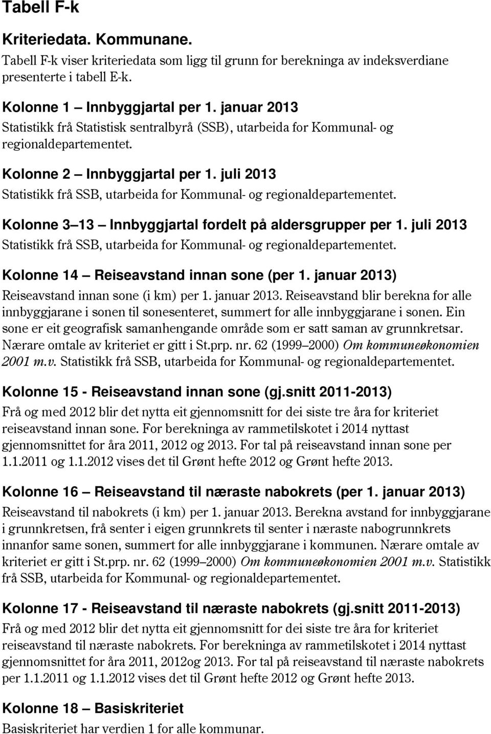 juli 2013 Kolonne 3 13 Innbyggjartal fordelt på aldersgrupper per 1. juli 2013 Kolonne 14 Reiseavstand innan sone (per 1. januar 2013)