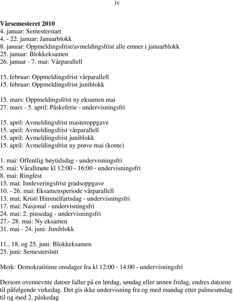 april: Avmeldingsfrist masteroppgave 15. april: Avmeldingsfrist vårparallell 15. april: Avmeldingsfrist juniblokk 15. april: Avmeldingsfrist ny prøve mai (konte) 1.