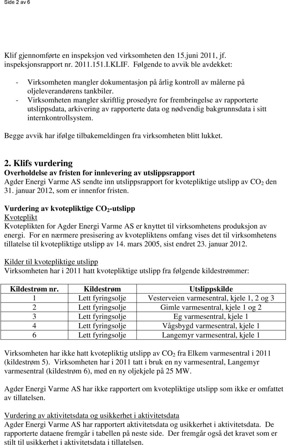 - Virksomheten mangler skriftlig prosedyre for frembringelse av rapporterte utslippsdata, arkivering av rapporterte data og nødvendig bakgrunnsdata i sitt internkontrollsystem.