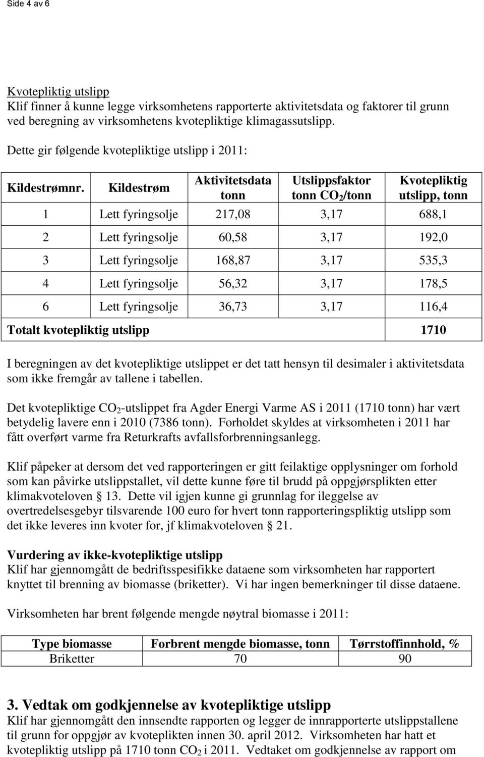 Kildestrøm Aktivitetsdata tonn Utslippsfaktor tonn CO 2 /tonn Kvotepliktig utslipp, tonn 1 Lett fyringsolje 217,08 3,17 688,1 2 Lett fyringsolje 60,58 3,17 192,0 3 Lett fyringsolje 168,87 3,17 535,3