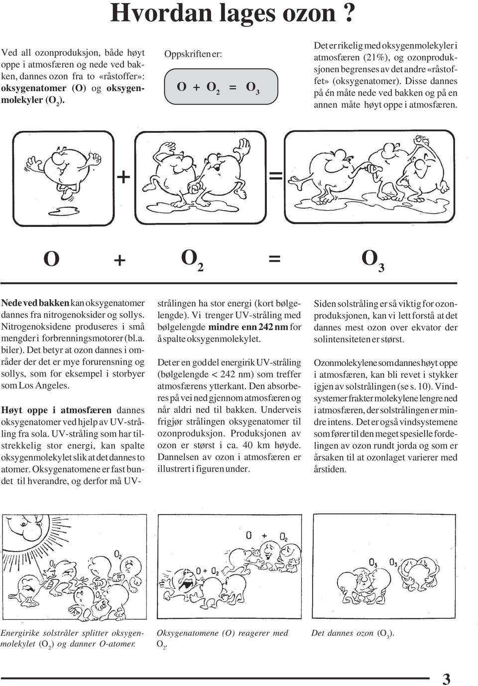 Disse dannes på én måte nede ved bakken og på en annen måte høyt oppe i atmosfæren. + = O + O 2 = O 3 Nede ved bakken kan oksygenatomer dannes fra nitrogenoksider og sollys.