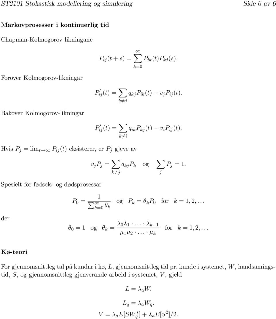 k i Hvis P j = lim t P ij (t) eksisterer, er P j gjeve av v j P j = k j q kj P k og P j = 1. j Spesielt for fødsels- og dødsprosessar P 0 = 1 k=0 θ k og P k = θ k P 0 for k = 1, 2,.