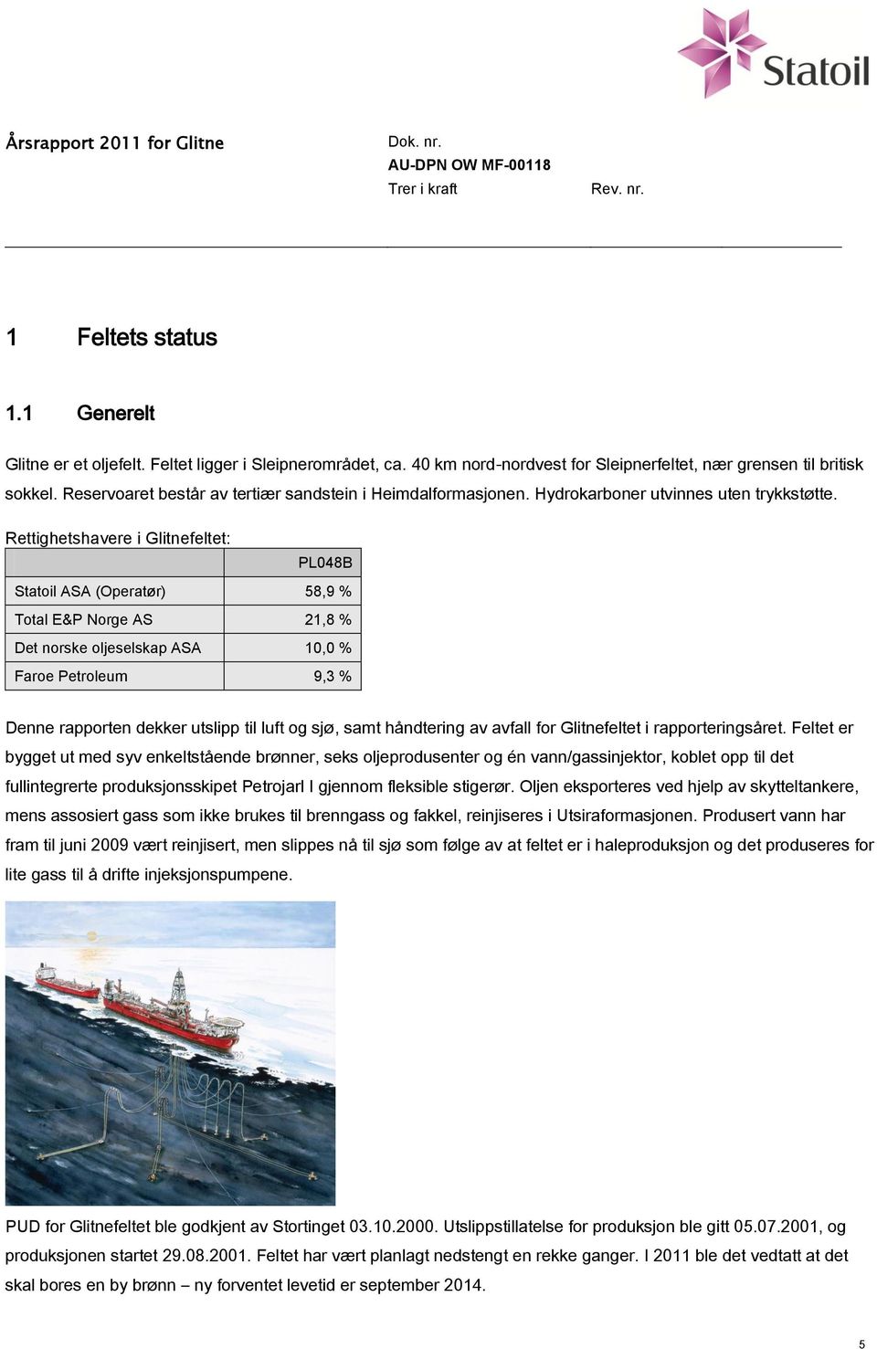 Rettighetshavere i Glitnefeltet: PL048B Statoil ASA (Operatør) 58,9 % Total E&P Norge AS 21,8 % Det norske oljeselskap ASA 10,0 % Faroe Petroleum 9,3 % Denne rapporten dekker utslipp til luft og sjø,