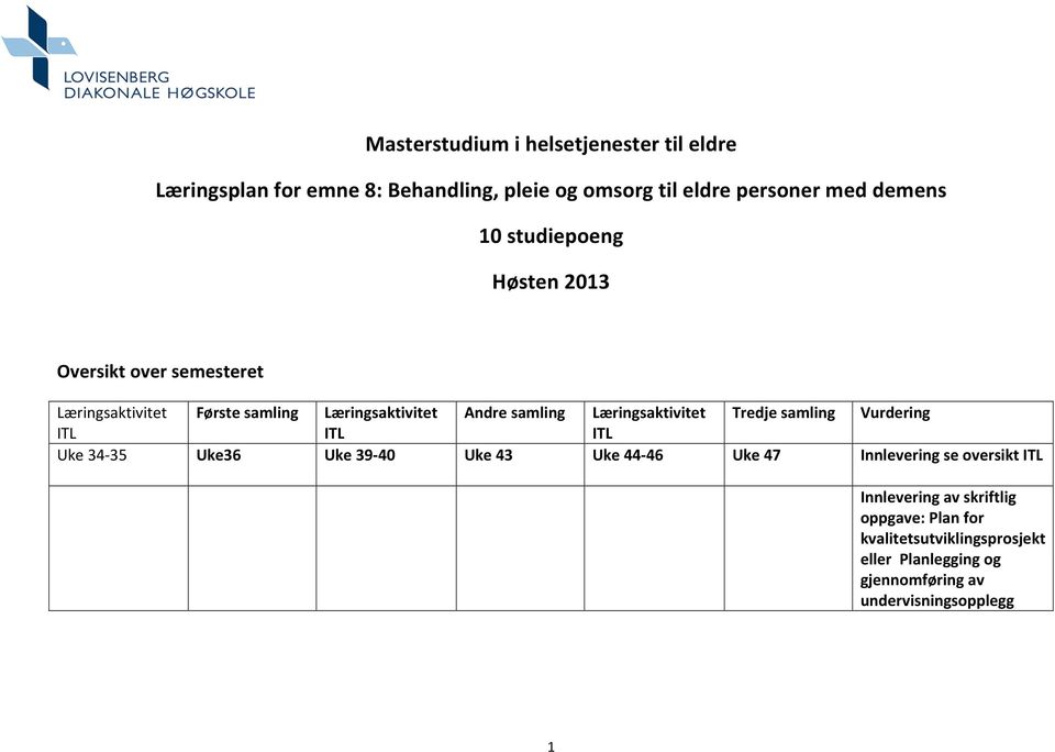 Læringsaktivitet Tredje samling Vurdering ITL ITL ITL Uke 34-35 Uke36 Uke 39-40 Uke 43 Uke 44-46 Uke 47 Innlevering se