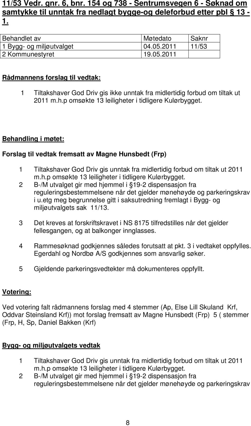 Behandling i møtet: Forslag til vedtak fremsatt av Magne Hunsbedt (Frp) 1 Tiltakshaver God Driv gis unntak fra midlertidig forbud om tiltak ut 2011 m.h.p omsøkte 13 leiligheter i tidligere Kulørbygget.