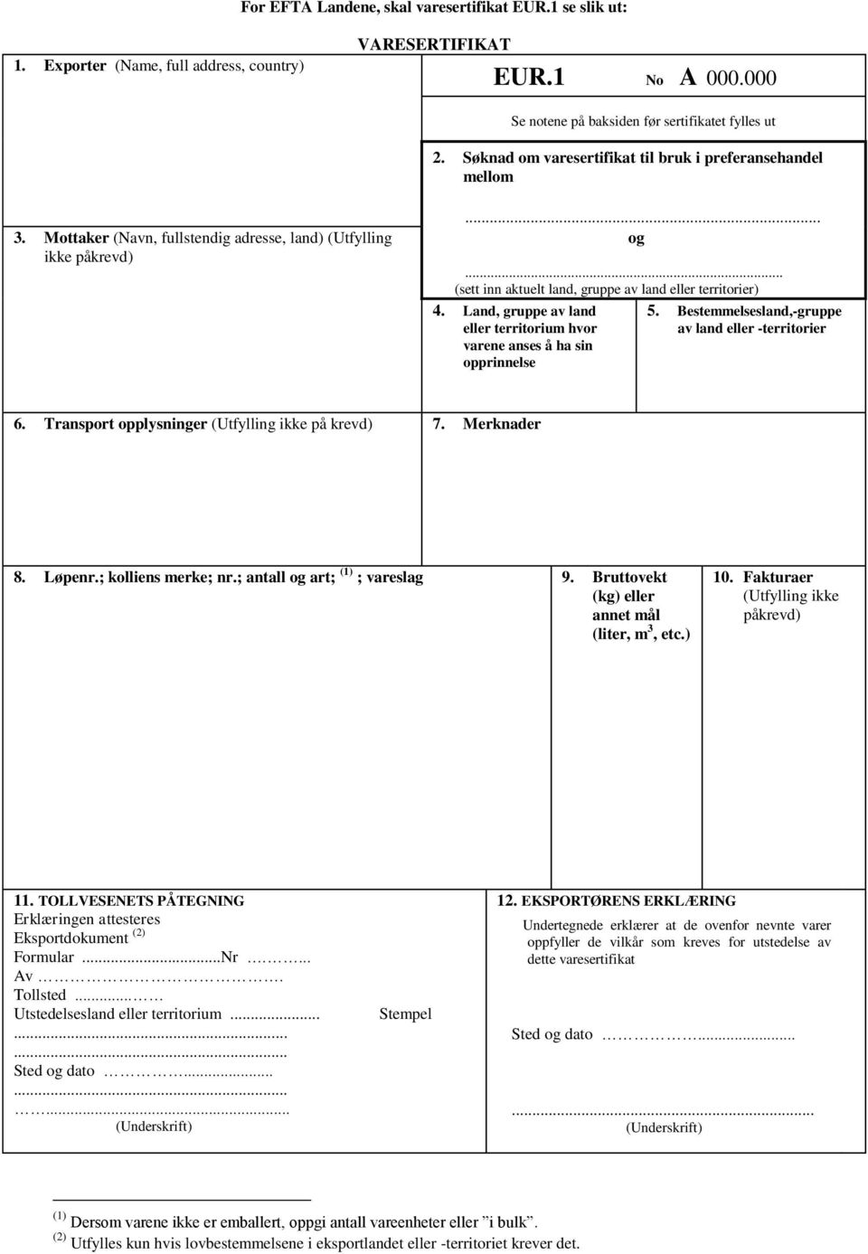 Land, gruppe av land eller territorium hvor varene anses å ha sin opprinnelse 5. Bestemmelsesland,-gruppe av land eller -territorier 6. Transport opplysninger (Utfylling ikke på krevd) 7. Merknader 8.