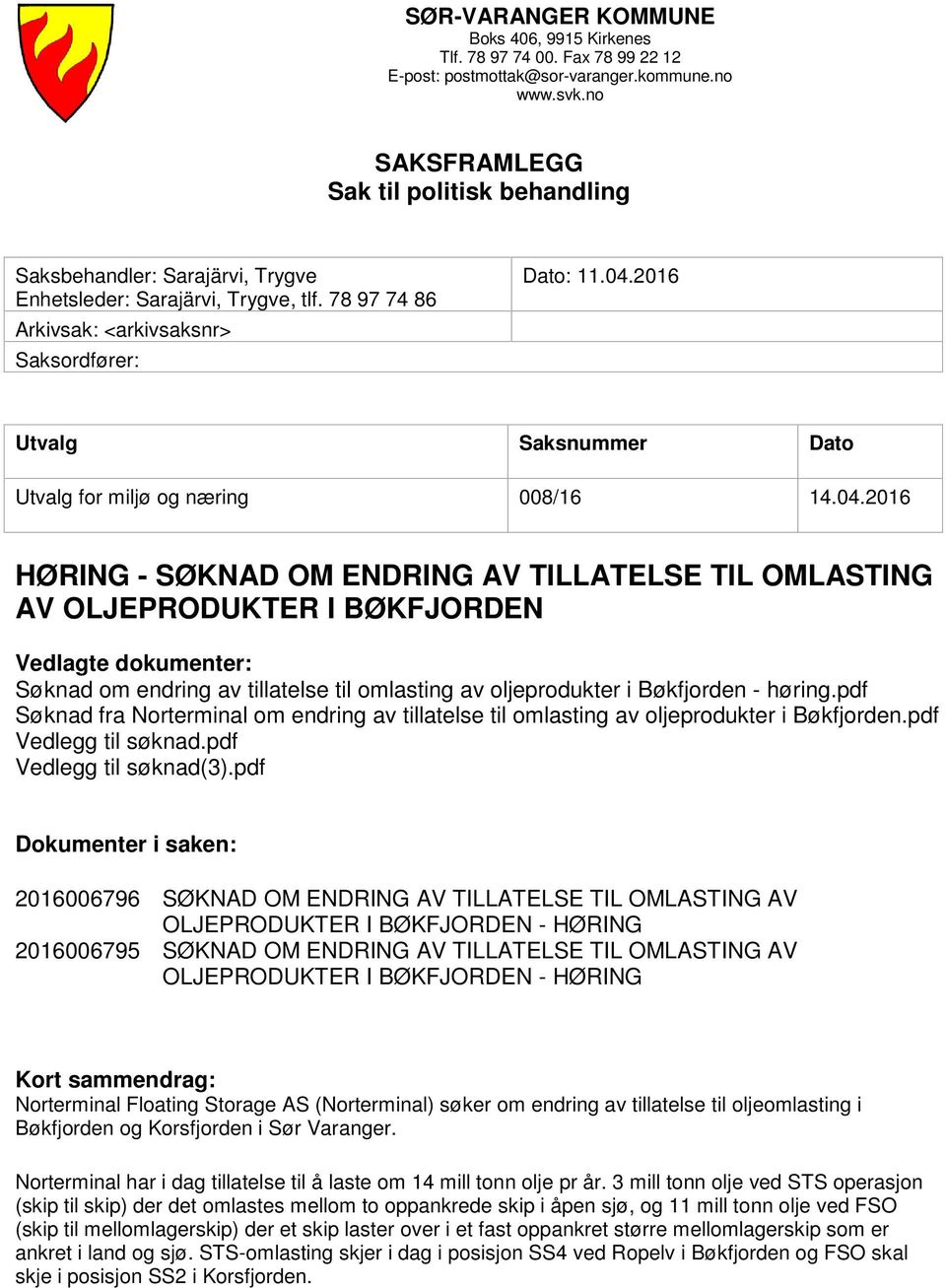 2016 Utvalg Saksnummer Dato Utvalg for miljø og næring 008/16 14.04.