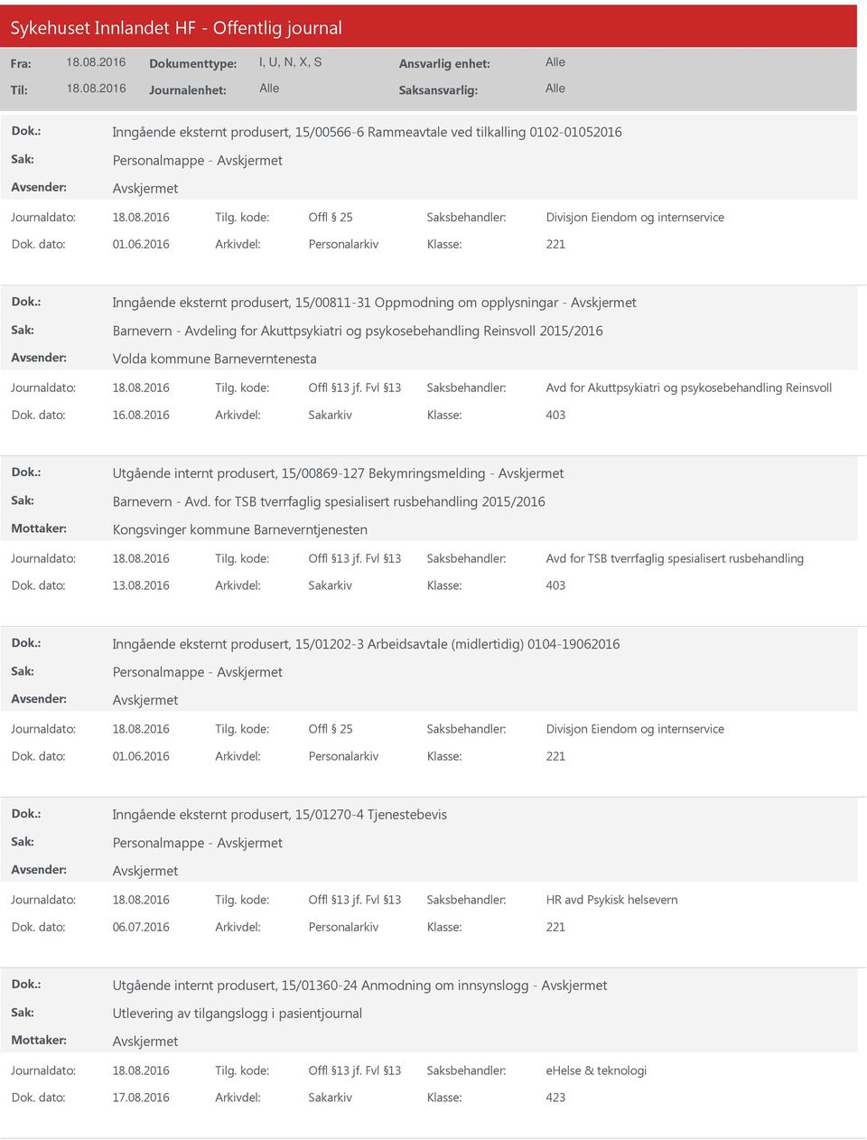 Barneverntenesta Avd for Akuttpsykiatri og psykosebehandling Reinsvoll Dok. dato: 16.08.2016 Arkivdel: Sakarkiv 403 tgående internt produsert, 15/00869-127 Bekymringsmelding - Barnevern - Avd.