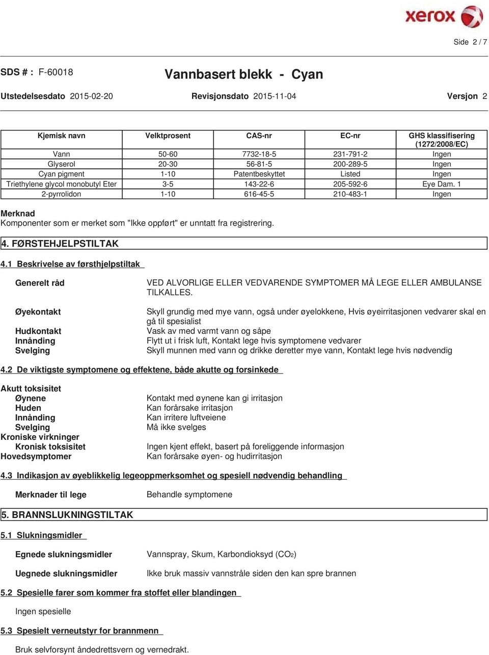 1 2-pyrrolidon 1-10 616-45-5 210-483-1 Ingen Merknad Komponenter som er merket som "Ikke oppført" er unntatt fra registrering. 4. FØRSTEHJELPSTILTAK 4.