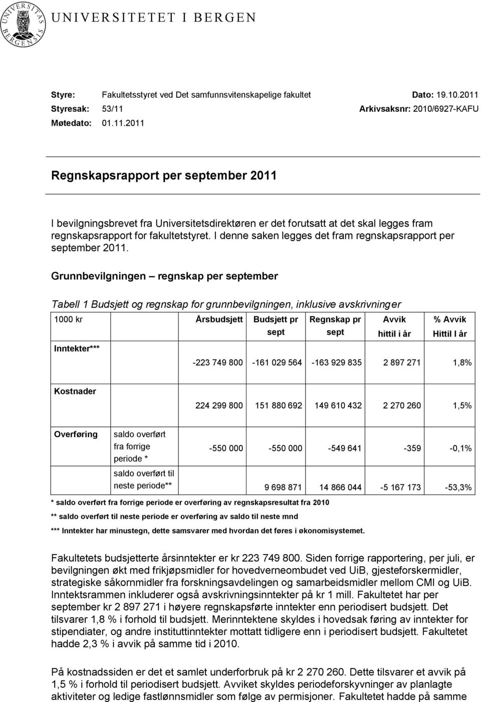 I denne saken legges det fram regnskapsrapport per september 2011.