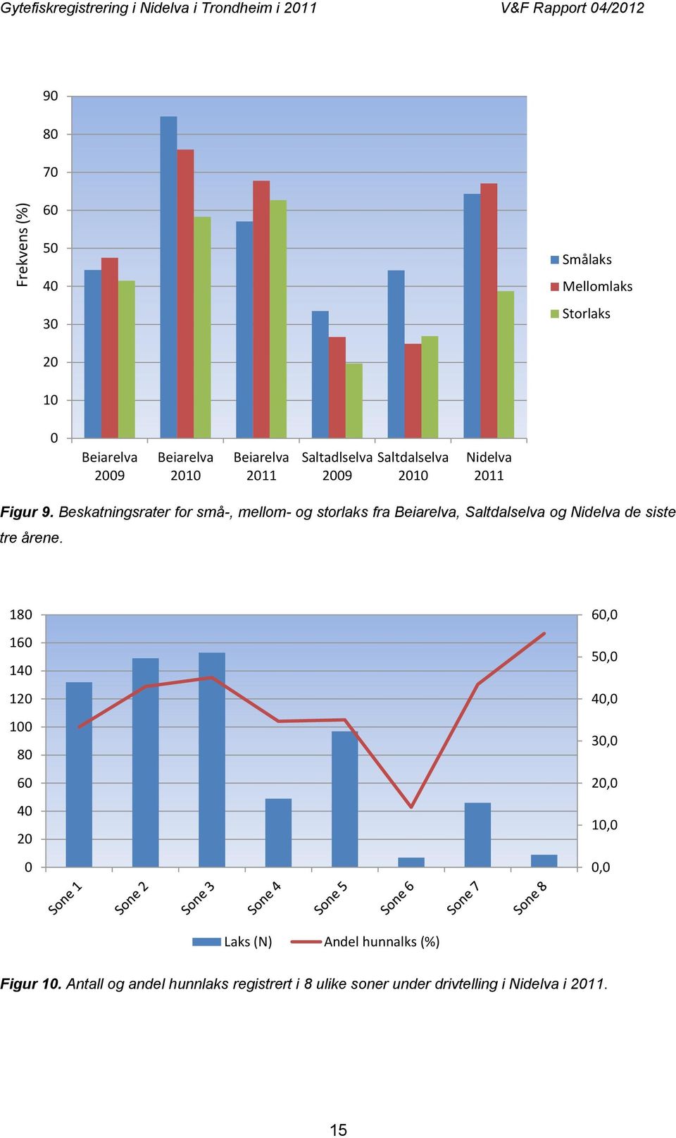 Beskatningsrater for små-, mellom- og storlaks fra Beiarelva, Saltdalselva og Nidelva de siste tre årene.