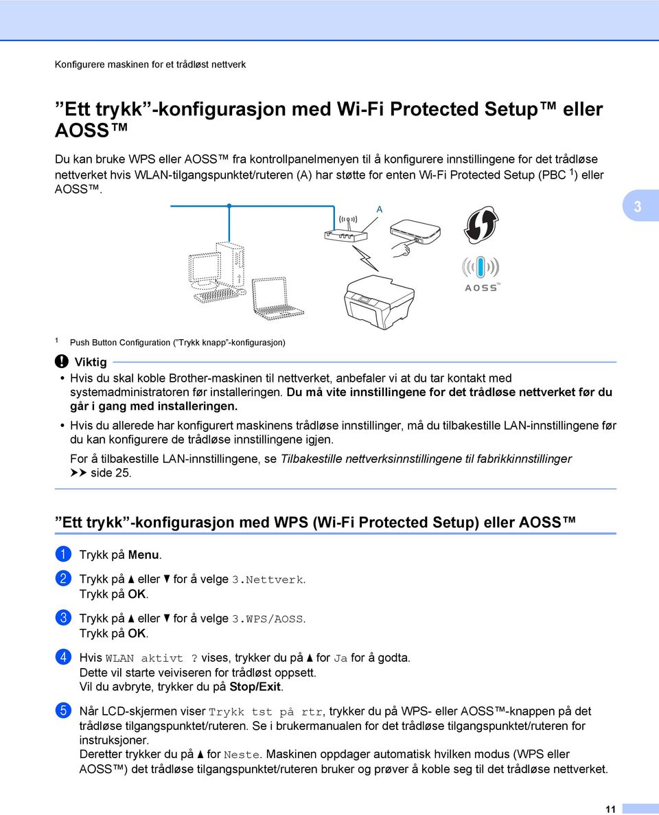 A 3 1 Push Button Configuration ( Trykk knapp -konfigurasjon) Viktig Hvis du skal koble Brother-maskinen til nettverket, anbefaler vi at du tar kontakt med systemadministratoren før installeringen.