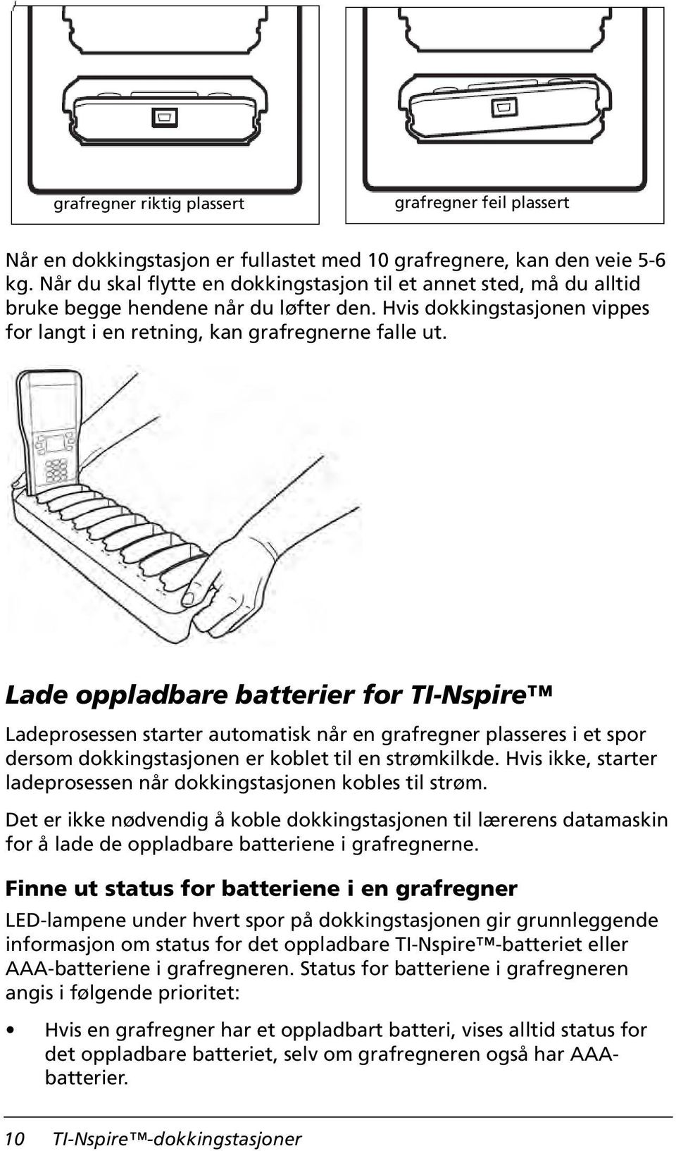 Lade oppladbare batterier for TI-Nspire Ladeprosessen starter automatisk når en grafregner plasseres i et spor dersom dokkingstasjonen er koblet til en strømkilkde.