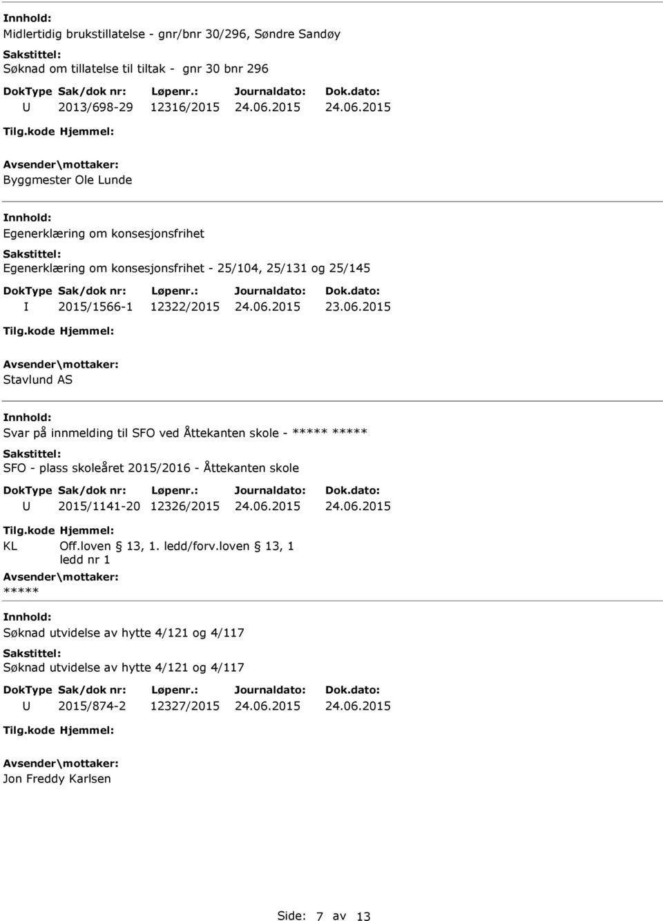 25/145 2015/1566-1 12322/2015 Stavlund AS Svar på innmelding til SFO ved Åttekanten skole - 2015/1141-20 12326/2015 Søknad