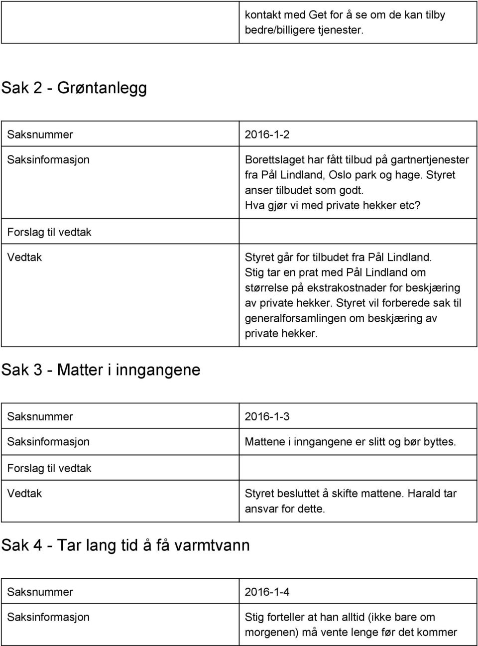 Stig tar en prat med Pål Lindland om størrelse på ekstrakostnader for beskjæring av private hekker. Styret vil forberede sak til generalforsamlingen om beskjæring av private hekker.