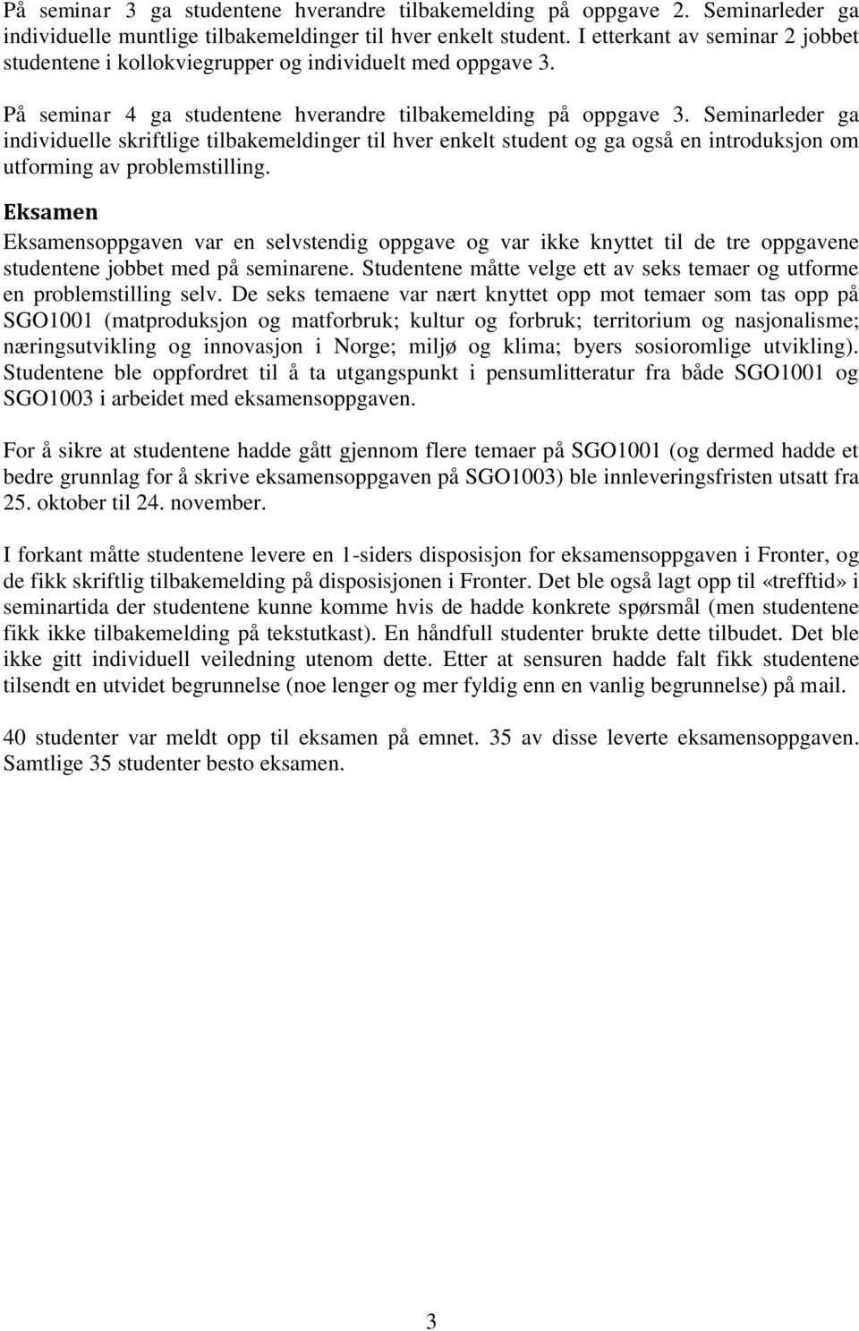 Seminarleder ga individuelle skriftlige tilbakemeldinger til hver enkelt student og ga også en introduksjon om utforming av problemstilling.