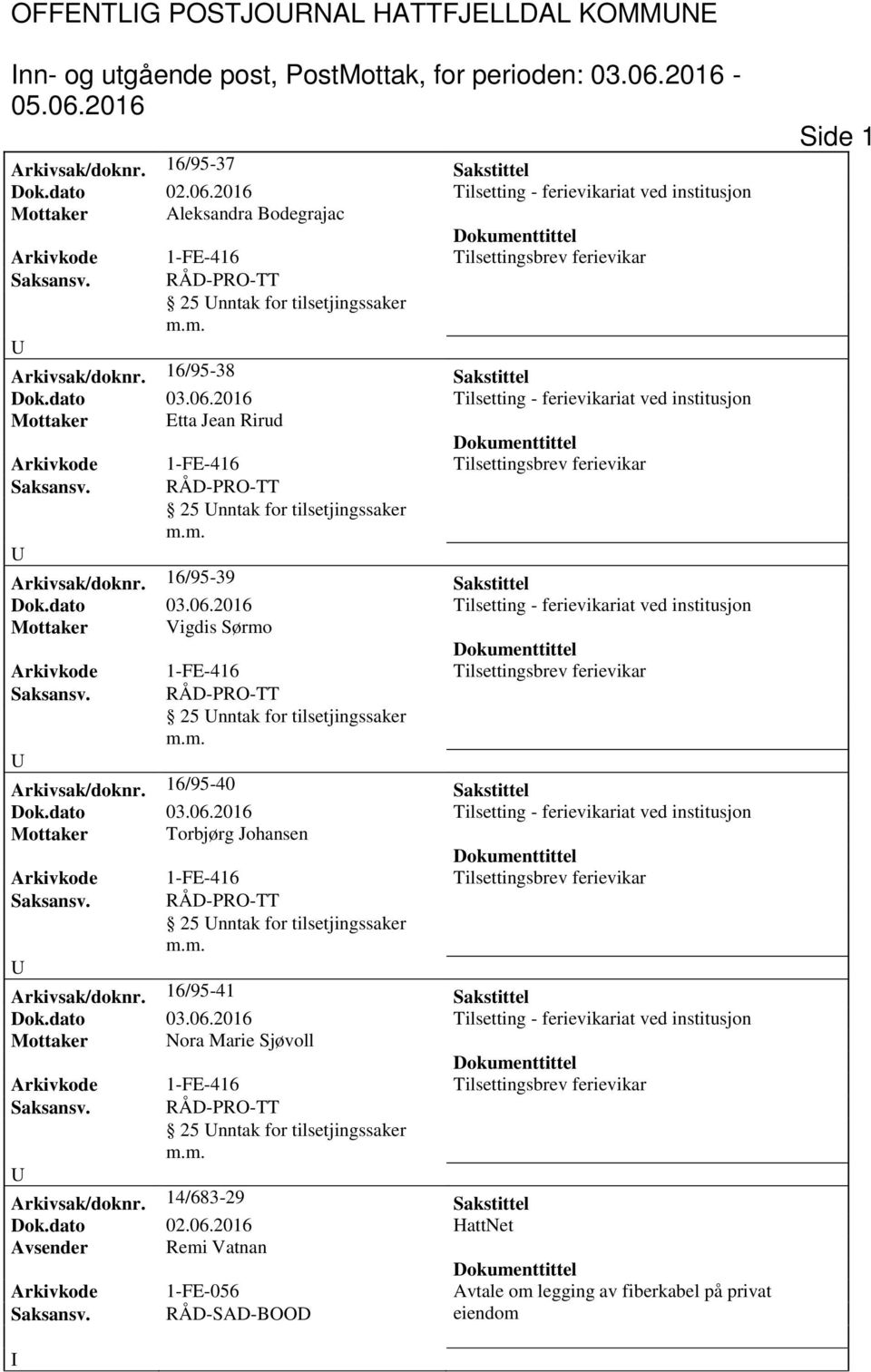 dato 03.06. Tilsetting - ferievikariat ved institusjon Mottaker Etta Jean Rirud 25 nntak for tilsetjingssaker Arkivsak/doknr. 16/95-39 Sakstittel Dok.dato 03.06. Tilsetting - ferievikariat ved institusjon Mottaker Vigdis Sørmo 25 nntak for tilsetjingssaker Arkivsak/doknr.