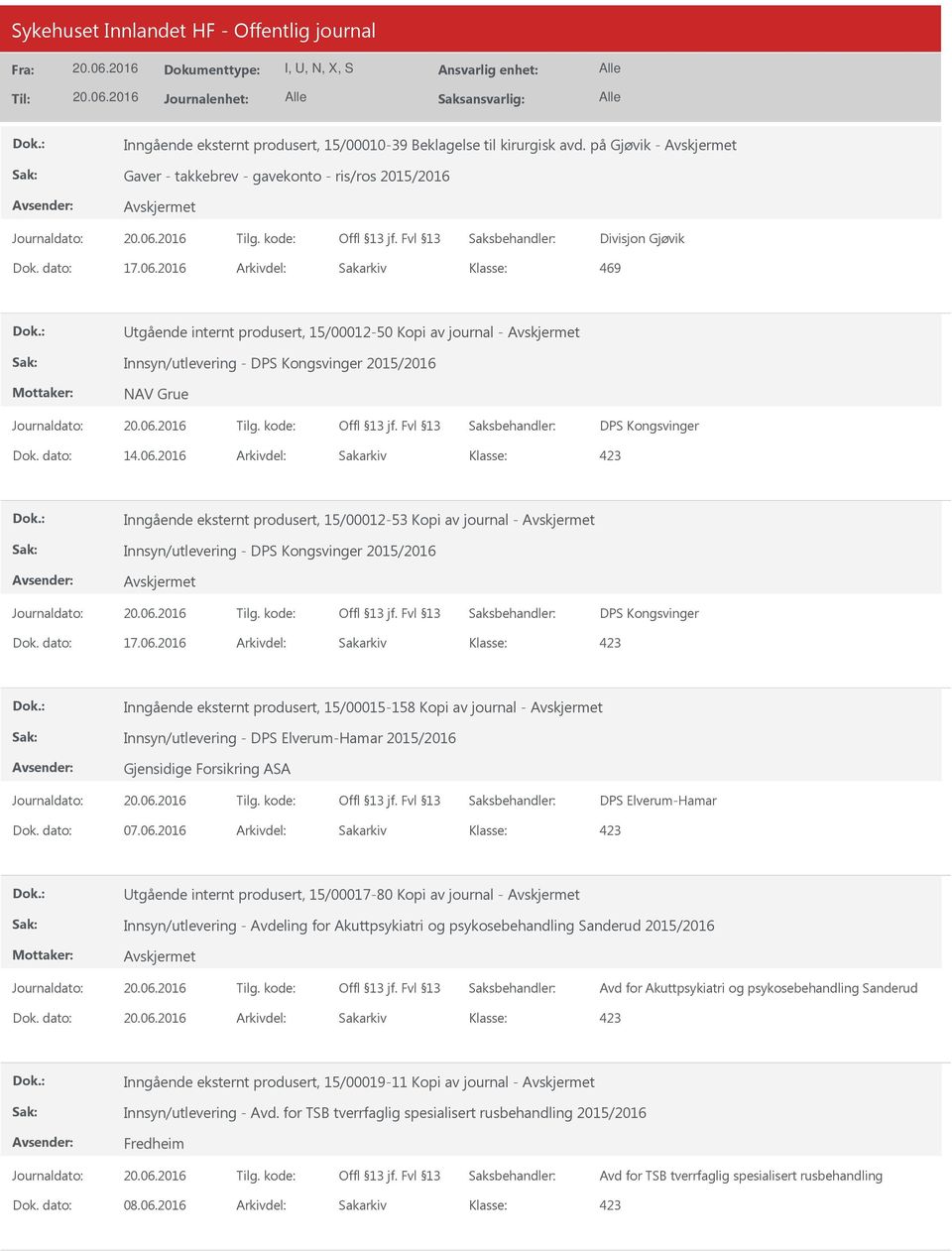 2016 Arkivdel: Sakarkiv 423 Inngående eksternt produsert, 15/00012-53 Kopi av journal - Innsyn/utlevering - DPS Kongsvinger 2015/2016 DPS Kongsvinger Dok. dato: 17.06.