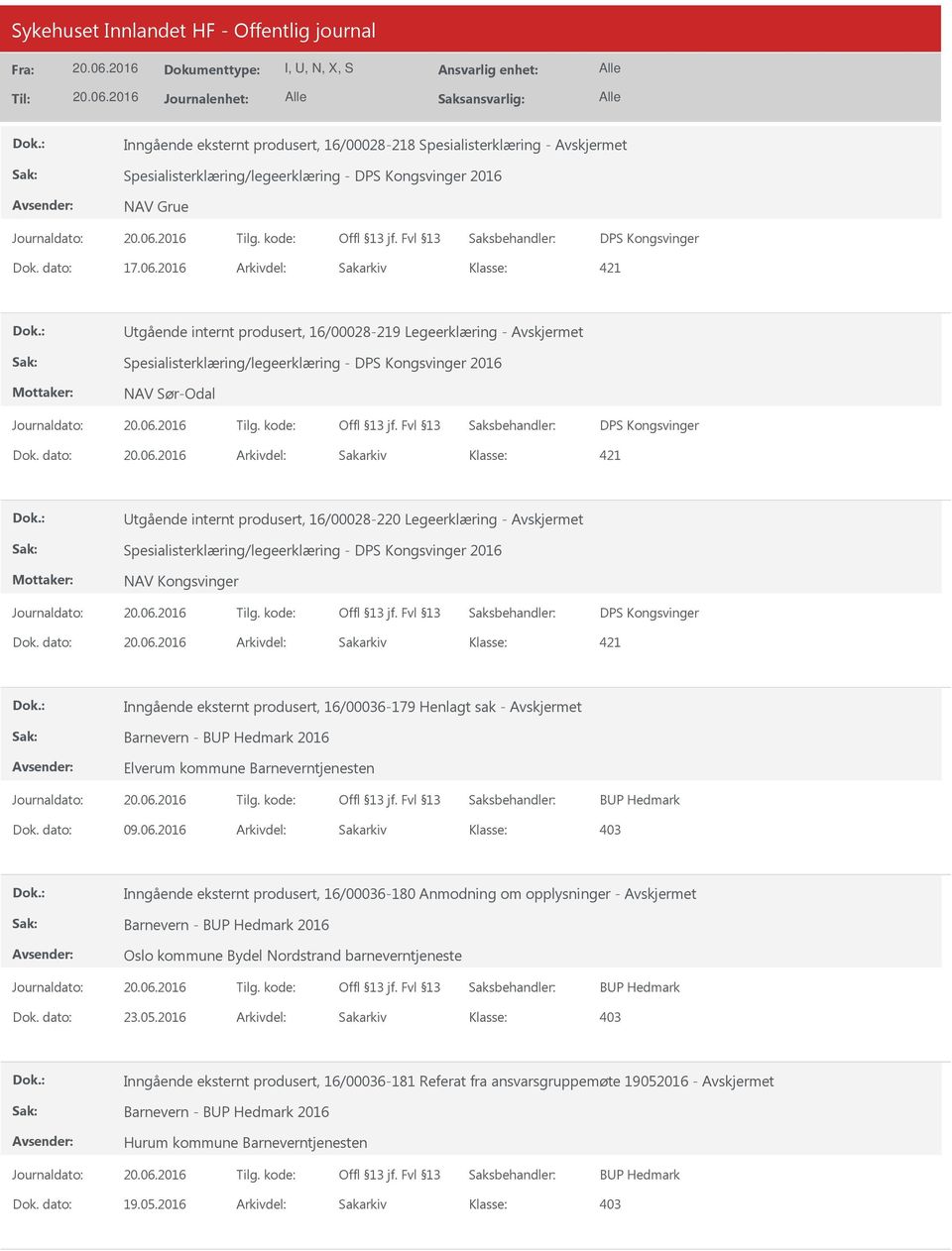 dato: Arkivdel: Sakarkiv 421 tgående internt produsert, 16/00028-220 Legeerklæring - Spesialisterklæring/legeerklæring - DPS Kongsvinger 2016 NAV Kongsvinger DPS Kongsvinger Dok.