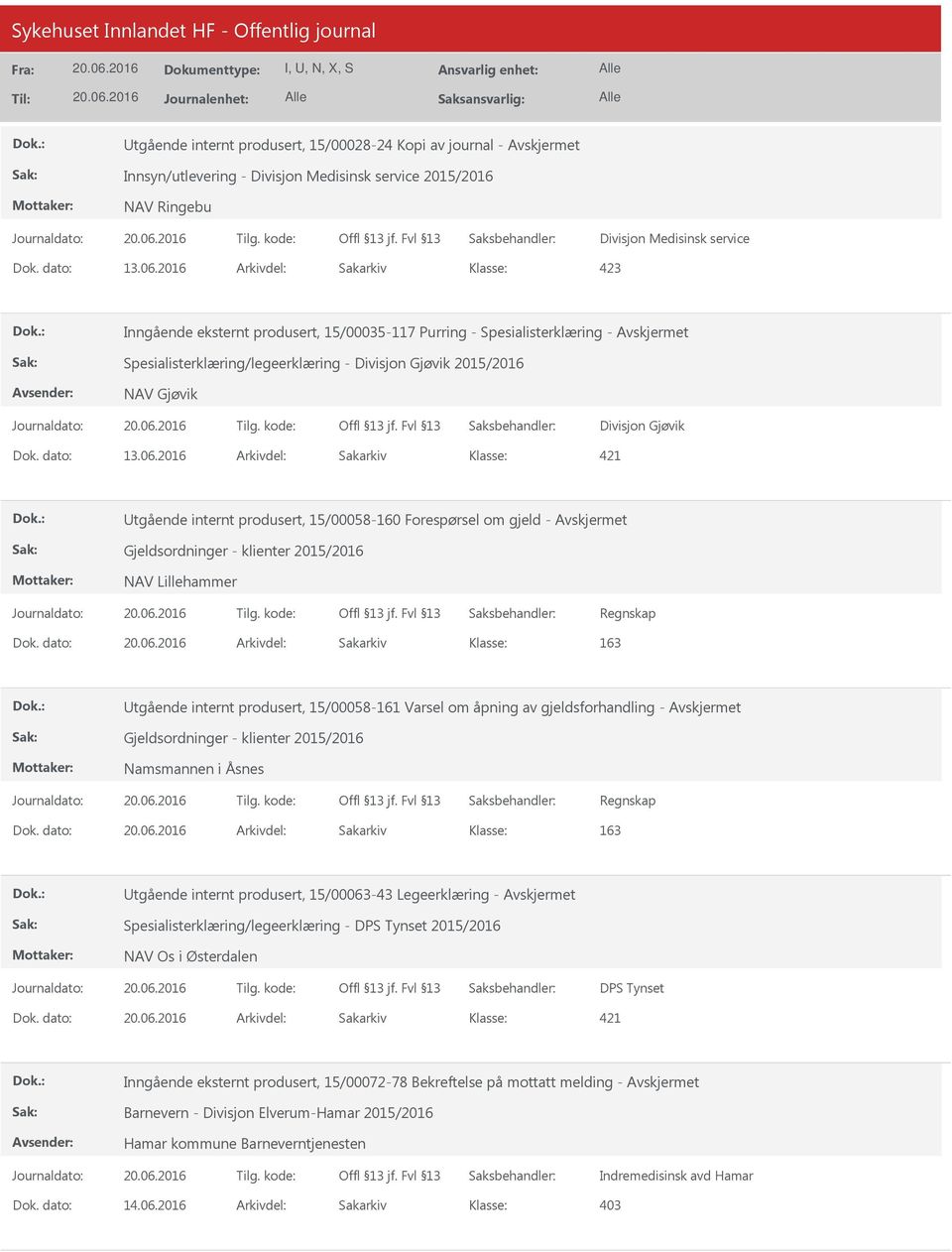 dato: 13.06.2016 Arkivdel: Sakarkiv 421 tgående internt produsert, 15/00058-160 Forespørsel om gjeld - Gjeldsordninger - klienter 2015/2016 NAV Lillehammer Regnskap Dok.