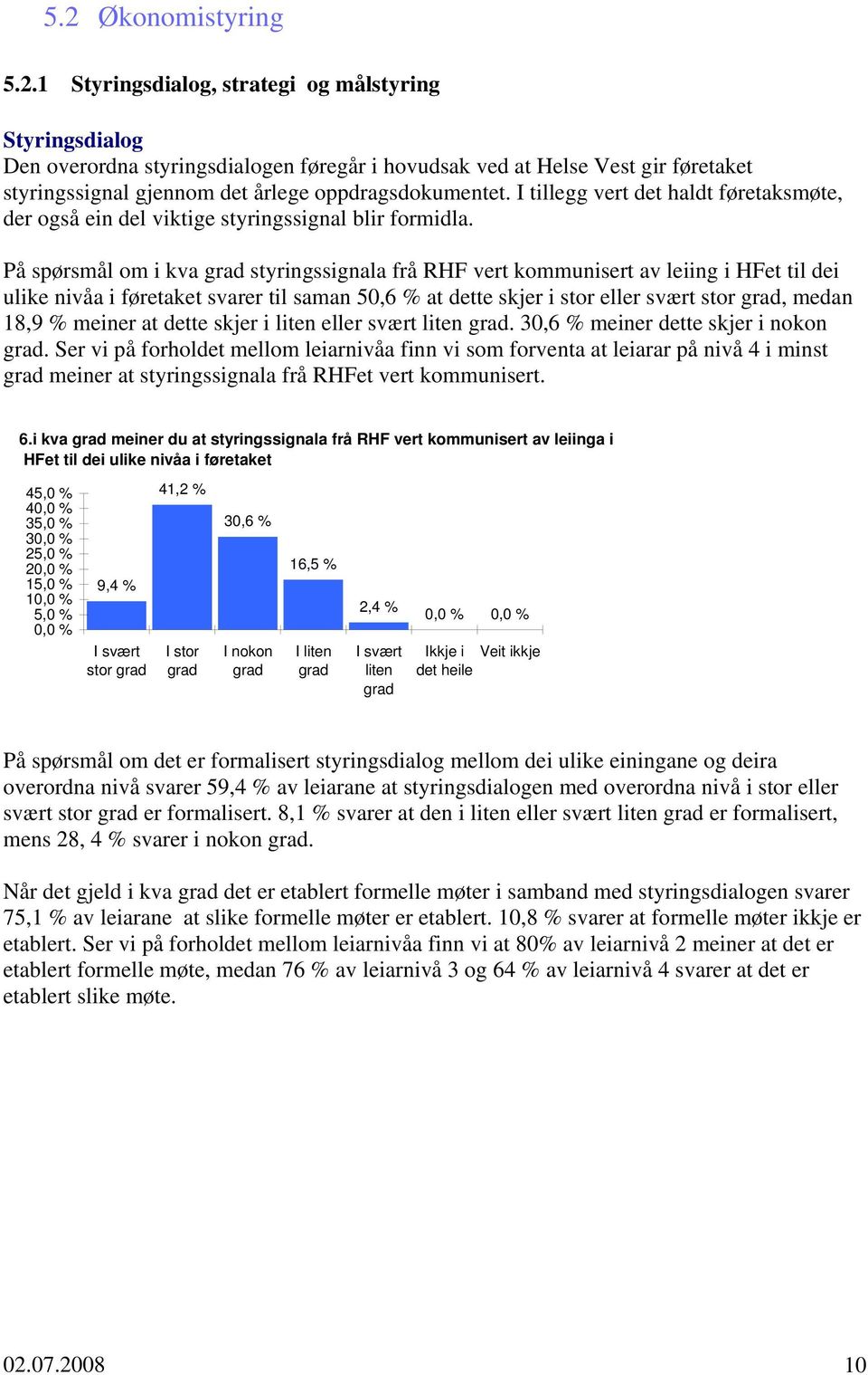 På spørsmål om i kva styringssignala frå RHF vert kommunisert av leiing i HFet til dei ulike nivåa i føretaket svarer til saman 50,6 % at dette skjer i stor eller svært stor, medan 18,9 % meiner at