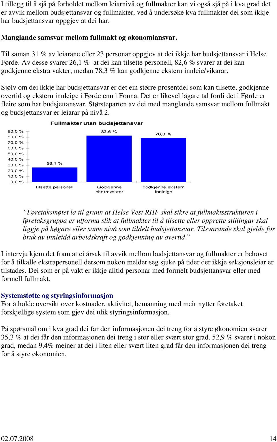 Av desse svarer 26,1 % at dei kan tilsette personell, 82,6 % svarer at dei kan godkjenne ekstra vakter, medan 78,3 % kan godkjenne ekstern innleie/vikarar.