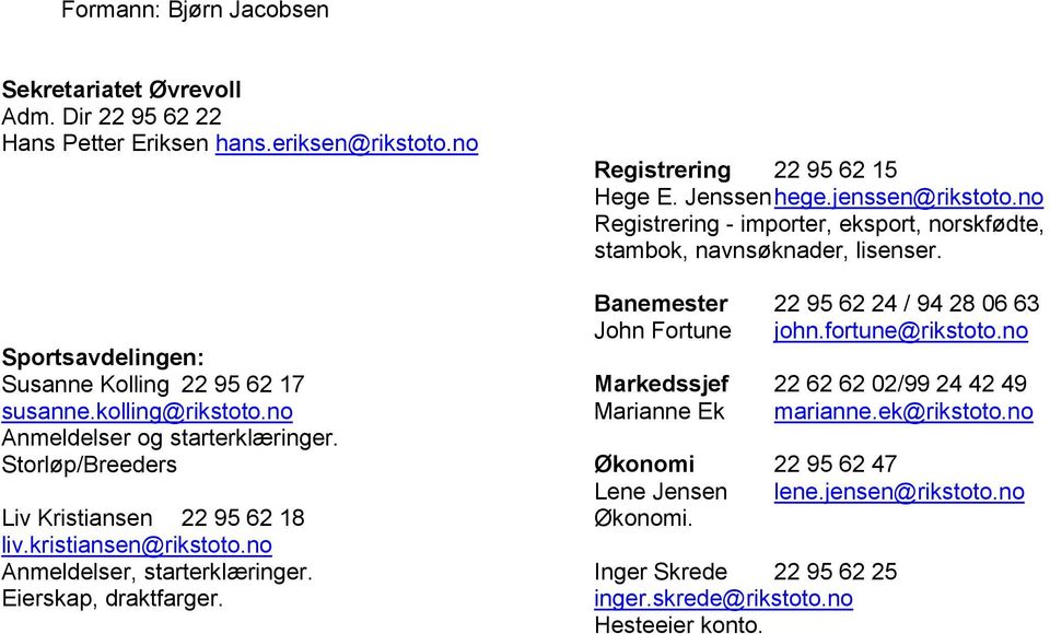 Registrering 22 95 62 15 Hege E. Jenssen hege.jenssen@rikstoto.no Registrering - importer, eksport, norskfødte, stambok, navnsøknader, lisenser.