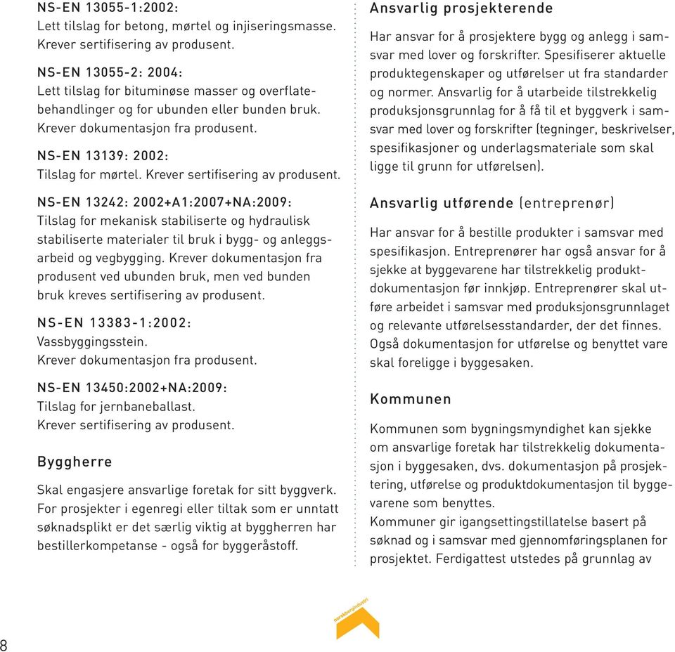 Krever sertifisering av produsent. NS-EN 13242: 2002+A1:2007+NA:2009: Tilslag for mekanisk stabiliserte og hydraulisk stabiliserte materialer til bruk i bygg- og anleggsarbeid og vegbygging.