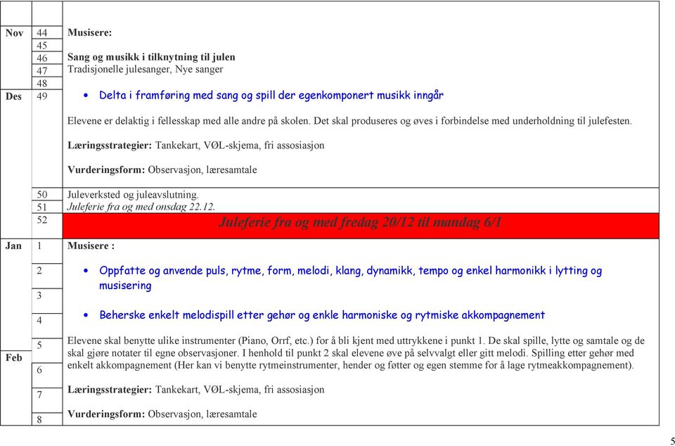 52 Juleferie fra og med fredag 20/12 til mandag 6/1 Jan 1 Musisere : Feb 2 3 4 5 6 7 8 Oppfatte og anvende puls, rytme, form, melodi, klang, dynamikk, tempo og enkel harmonikk i lytting og musisering