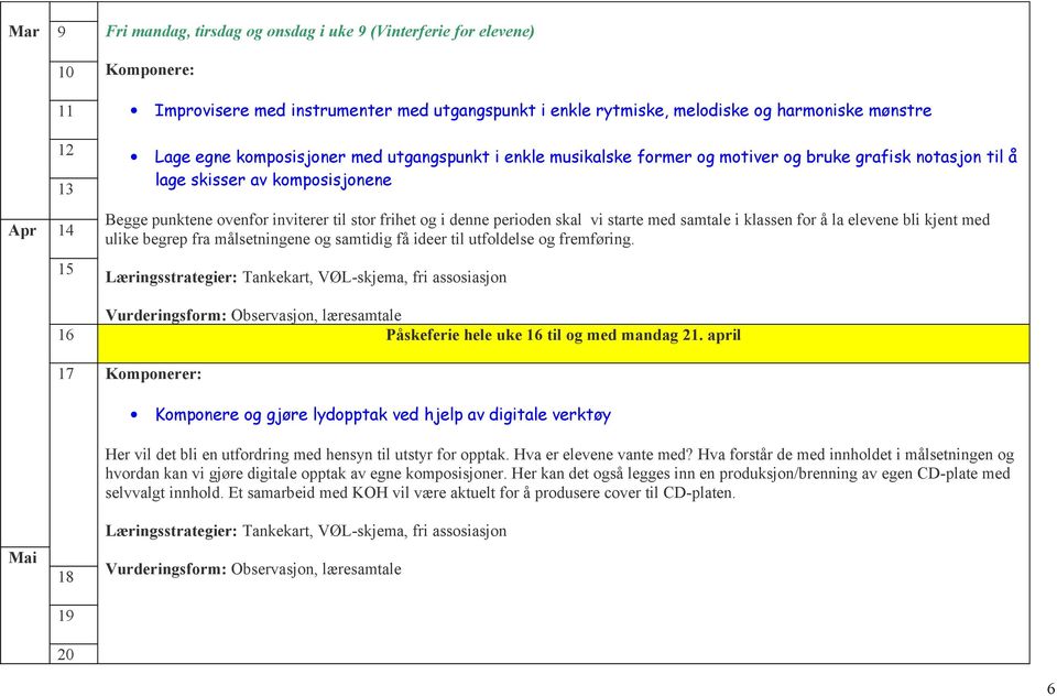 denne perioden skal vi starte med samtale i klassen for å la elevene bli kjent med ulike begrep fra målsetningene og samtidig få ideer til utfoldelse og fremføring.