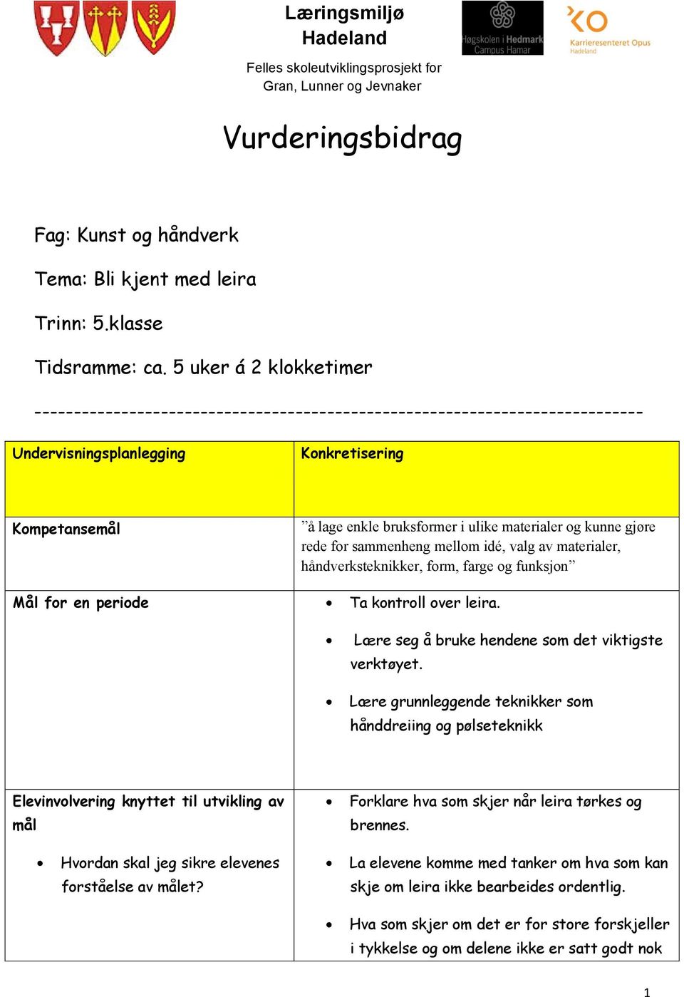 i ulike materialer og kunne gjøre rede for sammenheng mellom idé, valg av materialer, håndverksteknikker, form, farge og funksjon Ta kontroll over leira.