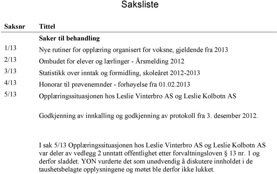 2013 5/13 Opplæringssituasjonen hos Leslie Vinterbro AS og Leslie Kolbotn AS Godkjenning av innkalling og godkjenning av protokoll fra 3. desember 2012.