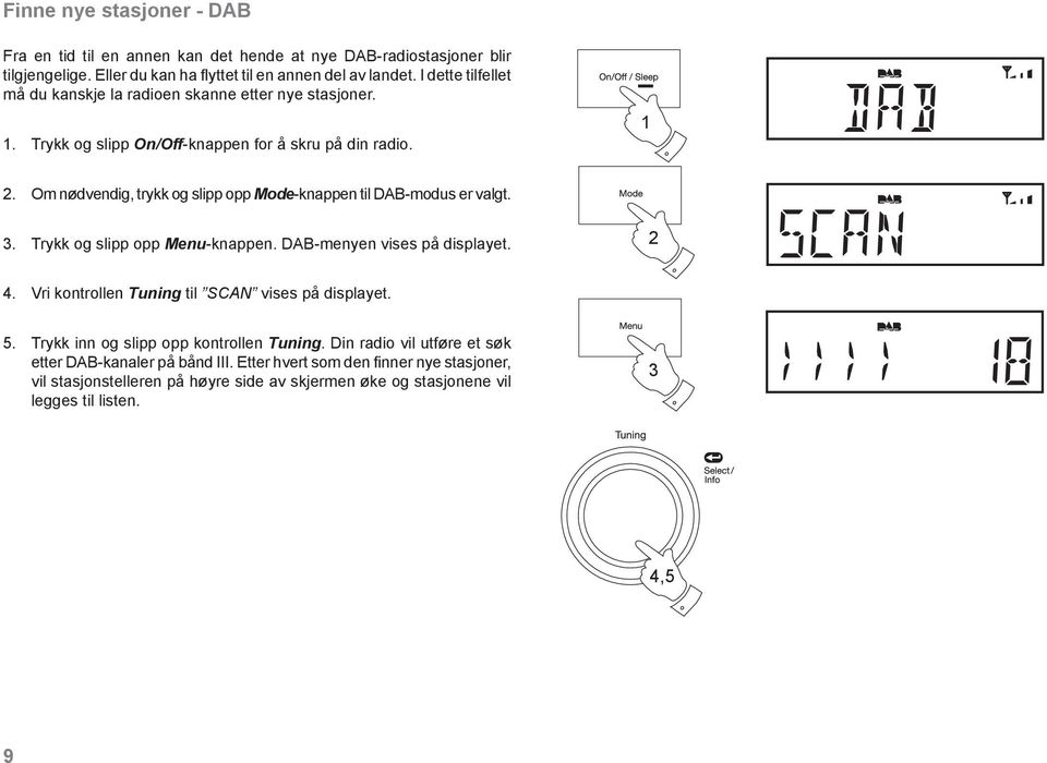 Om nødvendig, trykk og slipp opp Mode-knappen til DAB-modus er valgt. 3. Trykk og slipp opp Menu-knappen. DAB-menyen vises på displayet. 2 4.