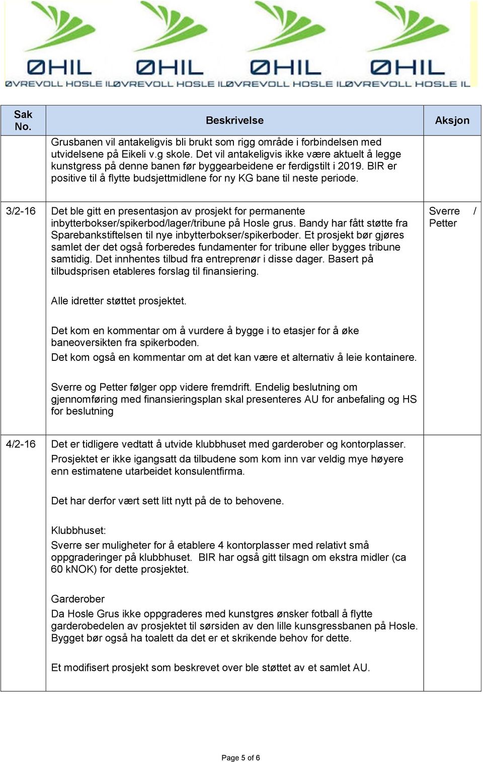 3/2-16 Det ble gitt en presentasjon av prosjekt for permanente inbytterbokser/spikerbod/lager/tribune på Hosle grus. Bandy har fått støtte fra Sparebankstiftelsen til nye inbytterbokser/spikerboder.